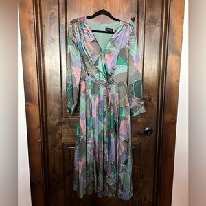 Tahari ASL Geometric Long Sleeve Wrap Style Dress